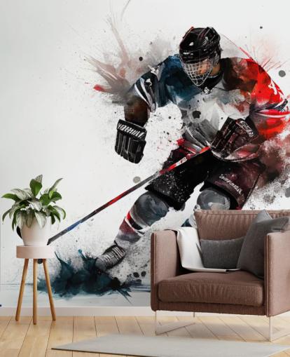 mural de papel pintado de hockey blanco, azul y rojo llamado Ice Hockey Watercolour para dormitorios de niños