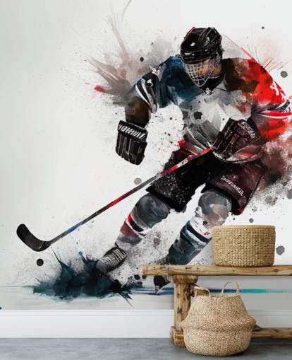 white, blue and red hockey wallpaper mural called Ice Hockey Watercolor for kids bedrooms