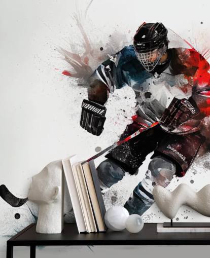 white, blue and red hockey wallpaper mural called Ice Hockey Watercolor for kids bedrooms