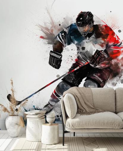 mural de papel pintado de hockey blanco, azul y rojo llamado Ice Hockey Watercolour para dormitorios de niños