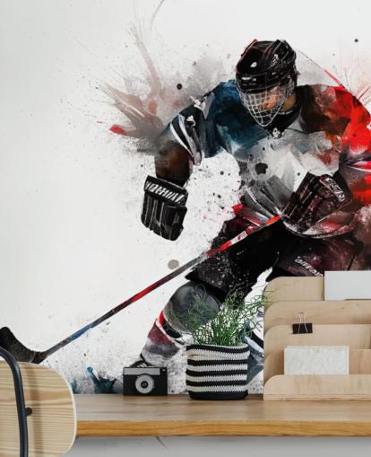 hvid, blå og rød hockey tapet vægmaleri kaldet Ice Hockey Akvarel til børns soveværelser hvid, blå og rød hockey tapet vægmaleri kaldet Ice Hockey Akvarel til børns soveværelser
