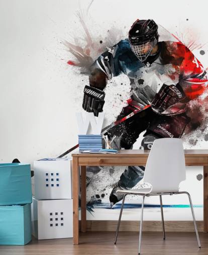 vit, blå och röd hockey tapet väggmålning kallad Ice Hockey Watercolor för barnens sovrum