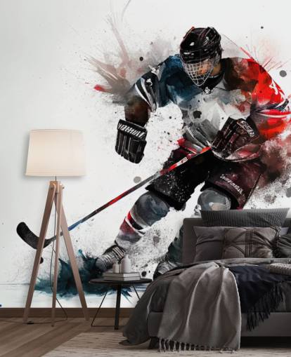 white, blue and red hockey wallpaper mural called Ice Hockey Watercolor for kids bedrooms