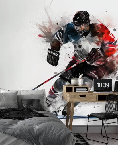 hvid, blå og rød hockey tapet vægmaleri kaldet Ice Hockey Akvarel til børns soveværelser