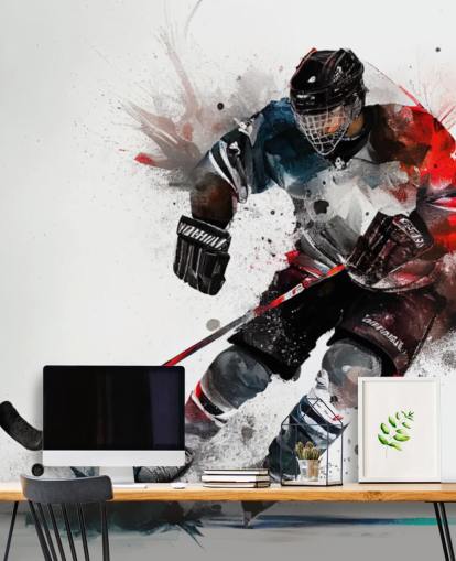 hvitt, blått og rødt hockey tapet veggmaleri kalt Ice Hockey Watercolor for barnas soverom