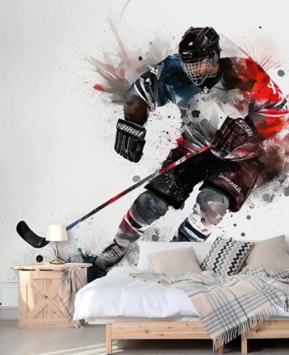 white, blue and red hockey wallpaper mural called Ice Hockey Watercolour for kids bedrooms