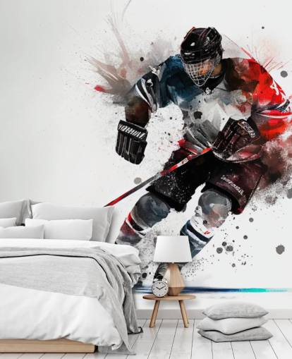white, blue and red hockey wallpaper mural called Ice Hockey Watercolour for kids bedrooms