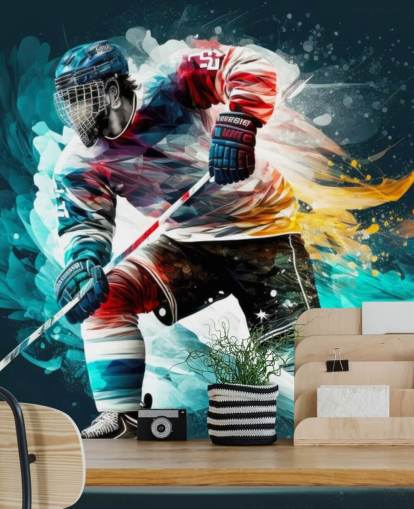mural de papel de parede de hóquei azul, vermelho e branco chamado Hockey Player para quartos e clubes de hóquei