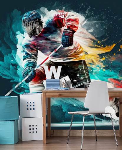 blue, red and white hockey wallpaper mural called Hockey Player for bedrooms and hockey clubs blue, red and white hockey wallpaper mural called Hockey Player for bedrooms and hockey clubs