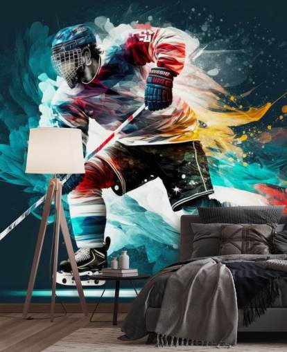papier peint mural de hockey bleu, rouge et blanc appelé Hockey Player pour les chambres et les clubs de hockey
