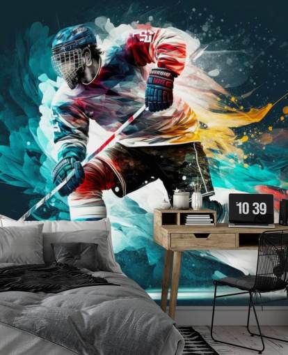 blå, röd och vit hockey tapet väggmålning kallad Hockey Player för sovrum och hockeyklubbar