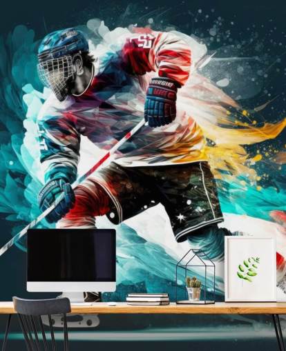 carta da parati murale blu, rossa e bianca chiamata Hockey Player per camere da letto e club di hockey