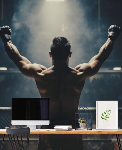mma muurschildering genaamd The Winning Moment voor sportscholen, kantoren en trainingsruimtes