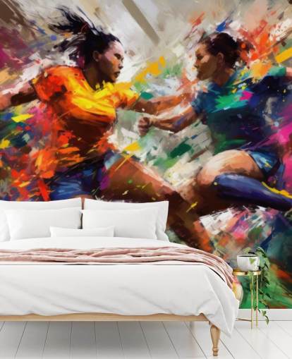 kleurrijke muurschildering met voetbalillustratie genaamd Abstract Footballers voor huizen, kantoren en scholen kleurrijke muurschildering met voetbalillustratie genaamd Abstract Footballers voor huizen, kantoren en scholen