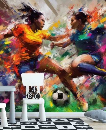 kleurrijke muurschildering met voetbalillustratie genaamd Abstract Footballers voor huizen, kantoren en scholen