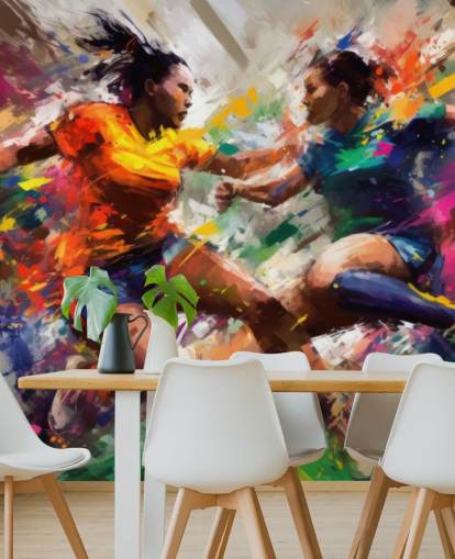 kleurrijke muurschildering met voetbalillustratie genaamd Abstract Footballers voor huizen, kantoren en scholen