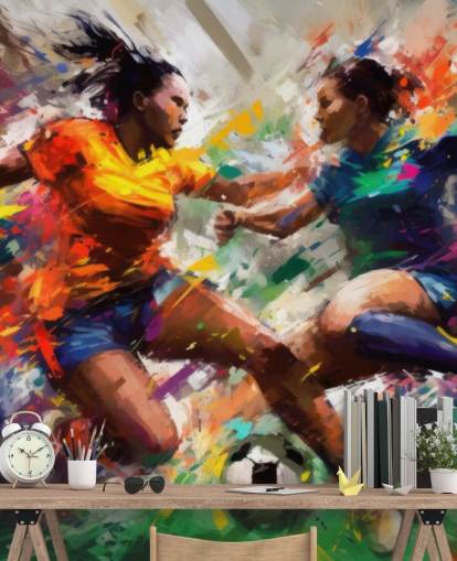 mural colorido de papel de parede com ilustração de futebol chamado Abstract Footballers para residências, escritórios e escolas mural colorido de papel de parede com ilustração de futebol chamado Abstract Footballers para residências, escritórios e escolas