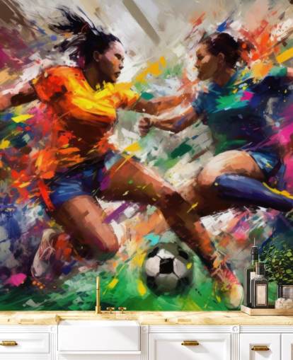 mural colorido de papel de parede com ilustração de futebol chamado Abstract Footballers para residências, escritórios e escolas