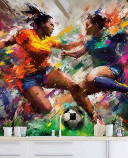 värikäs jalkapallokuvitus taustakuvamaalaus nimeltään Abstract Footballers koteihin, toimistoihin ja kouluihin