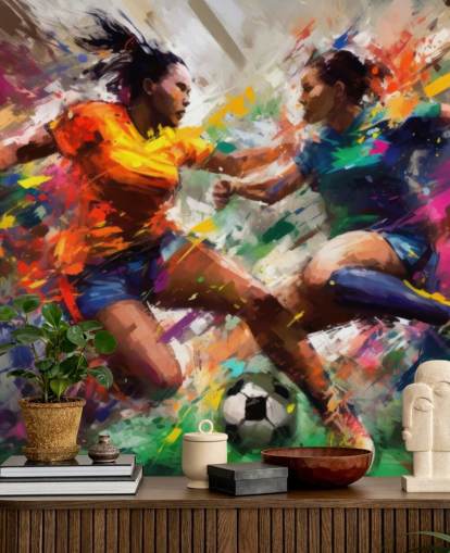 färgglad fotbollsillustration tapetväggmålning kallad Abstract Footballers för hem, kontor och skolor