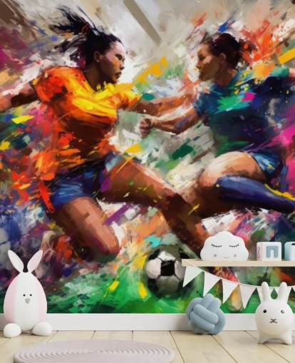 kleurrijke muurschildering met voetbalillustratie genaamd Abstract Footballers voor huizen, kantoren en scholen