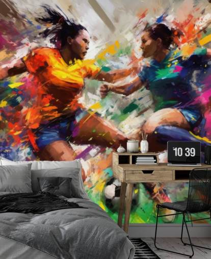 färgglad fotbollsillustration tapetväggmålning kallad Abstract Footballers för hem, kontor och skolor