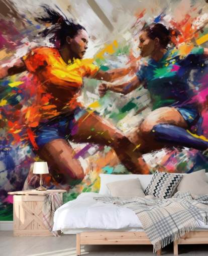 färgglad fotbollsillustration tapetväggmålning kallad Abstract Footballers för hem, kontor och skolor