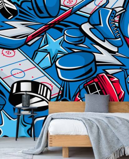 blue and red hockey wall mural called Hockey Cartoon for kids bedrooms, hockey clubs and schools blue and red hockey wall mural called Hockey Cartoon for kids bedrooms, hockey clubs and schools