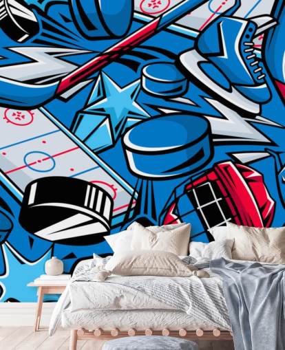 blue and red hockey wall mural called Hockey Cartoon for kids bedrooms, hockey clubs and schools