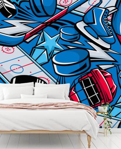 blue and red hockey wall mural called Hockey Cartoon for kids bedrooms, hockey clubs and schools blue and red hockey wall mural called Hockey Cartoon for kids bedrooms, hockey clubs and schools