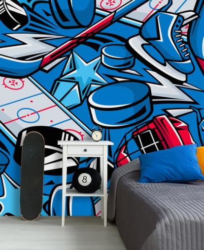 blue and red hockey wall mural called Hockey Cartoon for kids bedrooms, hockey clubs and schools