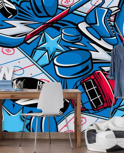 blue and red hockey wall mural called Hockey Cartoon for kids bedrooms, hockey clubs and schools