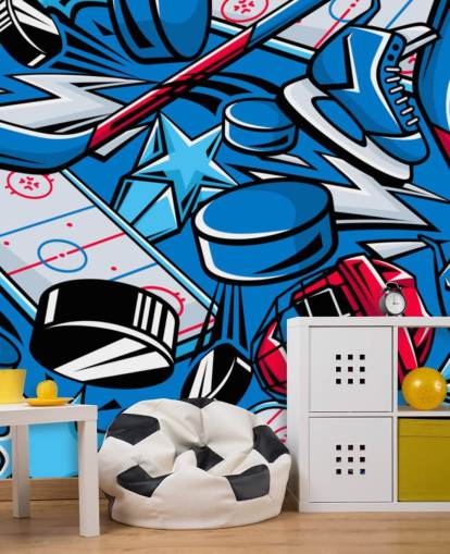 blue and red hockey wall mural called Hockey Cartoon for kids bedrooms, hockey clubs and schools blue and red hockey wall mural called Hockey Cartoon for kids bedrooms, hockey clubs and schools