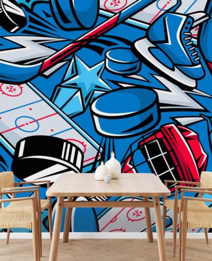 blå og rød hockey vægmaleri kaldet Hockey Cartoon til børns soveværelser, hockeyklubber og skoler blå og rød hockey vægmaleri kaldet Hockey Cartoon til børns soveværelser, hockeyklubber og skoler