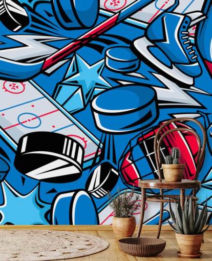 blue and red hockey wall mural called Hockey Cartoon for kids bedrooms, hockey clubs and schools