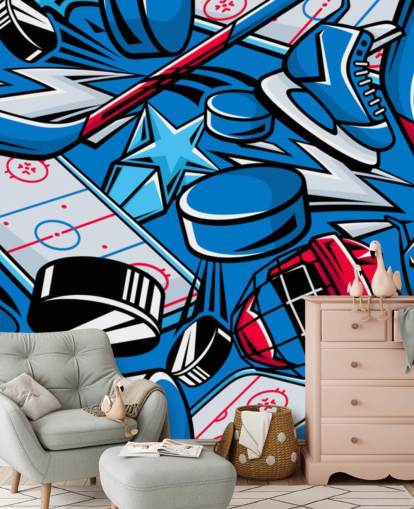mural de pared de hockey azul y rojo llamado Hockey Cartoon para dormitorios de niños, clubes de hockey y escuelas