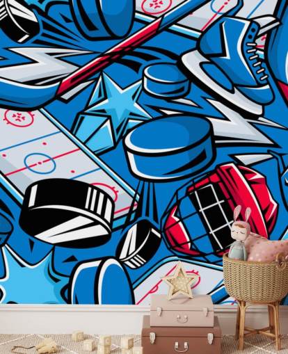 blue and red hockey wall mural called Hockey Cartoon for kids bedrooms, hockey clubs and schools