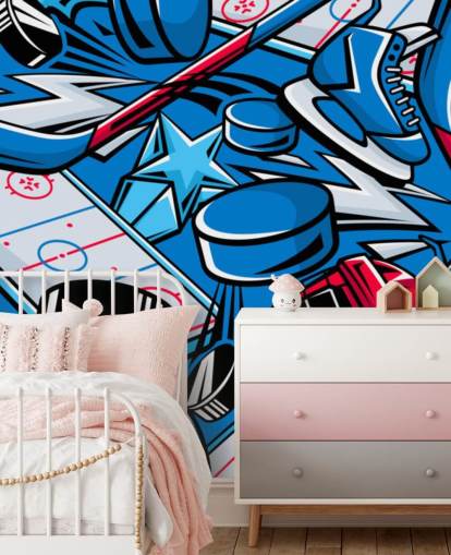 blue and red hockey wall mural called Hockey Cartoon for kids bedrooms, hockey clubs and schools blue and red hockey wall mural called Hockey Cartoon for kids bedrooms, hockey clubs and schools