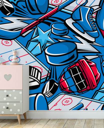 blue and red hockey wall mural called Hockey Cartoon for kids bedrooms, hockey clubs and schools