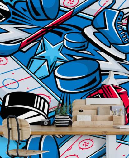 blue and red hockey wall mural called Hockey Cartoon for kids bedrooms, hockey clubs and schools