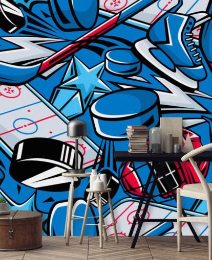 blue and red hockey wall mural called Hockey Cartoon for kids bedrooms, hockey clubs and schools