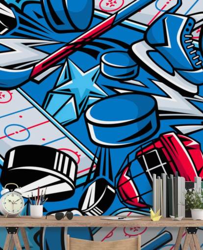 sininen ja punainen jääkiekkoseinämaalaus nimeltä Hockey Cartoon lasten makuuhuoneisiin, jääkiekkoseuroihin ja kouluihin