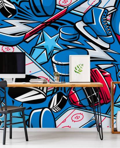 blue and red hockey wall mural called Hockey Cartoon for kids bedrooms, hockey clubs and schools blue and red hockey wall mural called Hockey Cartoon for kids bedrooms, hockey clubs and schools