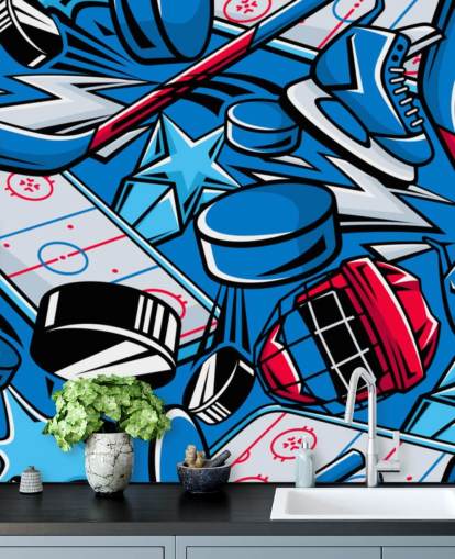mural de pared de hockey azul y rojo llamado Hockey Cartoon para dormitorios de niños, clubes de hockey y escuelas