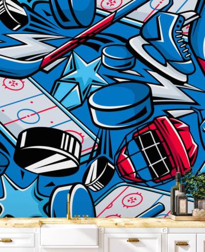 blue and red hockey wall mural called Hockey Cartoon for kids bedrooms, hockey clubs and schools