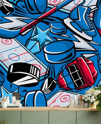 blue and red hockey wall mural called Hockey Cartoon for kids bedrooms, hockey clubs and schools blue and red hockey wall mural called Hockey Cartoon for kids bedrooms, hockey clubs and schools