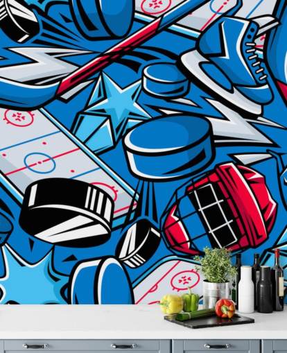 blue and red hockey wall mural called Hockey Cartoon for kids bedrooms, hockey clubs and schools