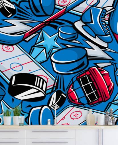 blue and red hockey wall mural called Hockey Cartoon for kids bedrooms, hockey clubs and schools blue and red hockey wall mural called Hockey Cartoon for kids bedrooms, hockey clubs and schools