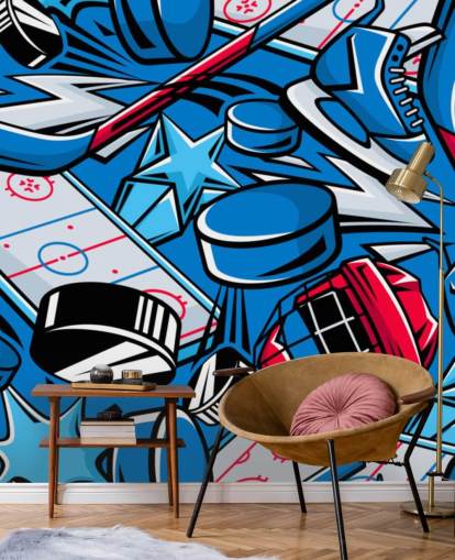 blue and red hockey wall mural called Hockey Cartoon for kids bedrooms, hockey clubs and schools blue and red hockey wall mural called Hockey Cartoon for kids bedrooms, hockey clubs and schools