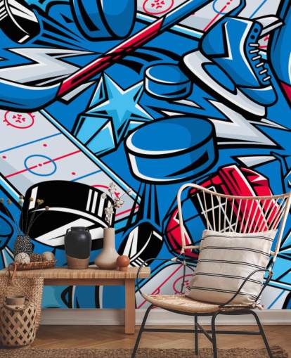blue and red hockey wall mural called Hockey Cartoon for kids bedrooms, hockey clubs and schools blue and red hockey wall mural called Hockey Cartoon for kids bedrooms, hockey clubs and schools
